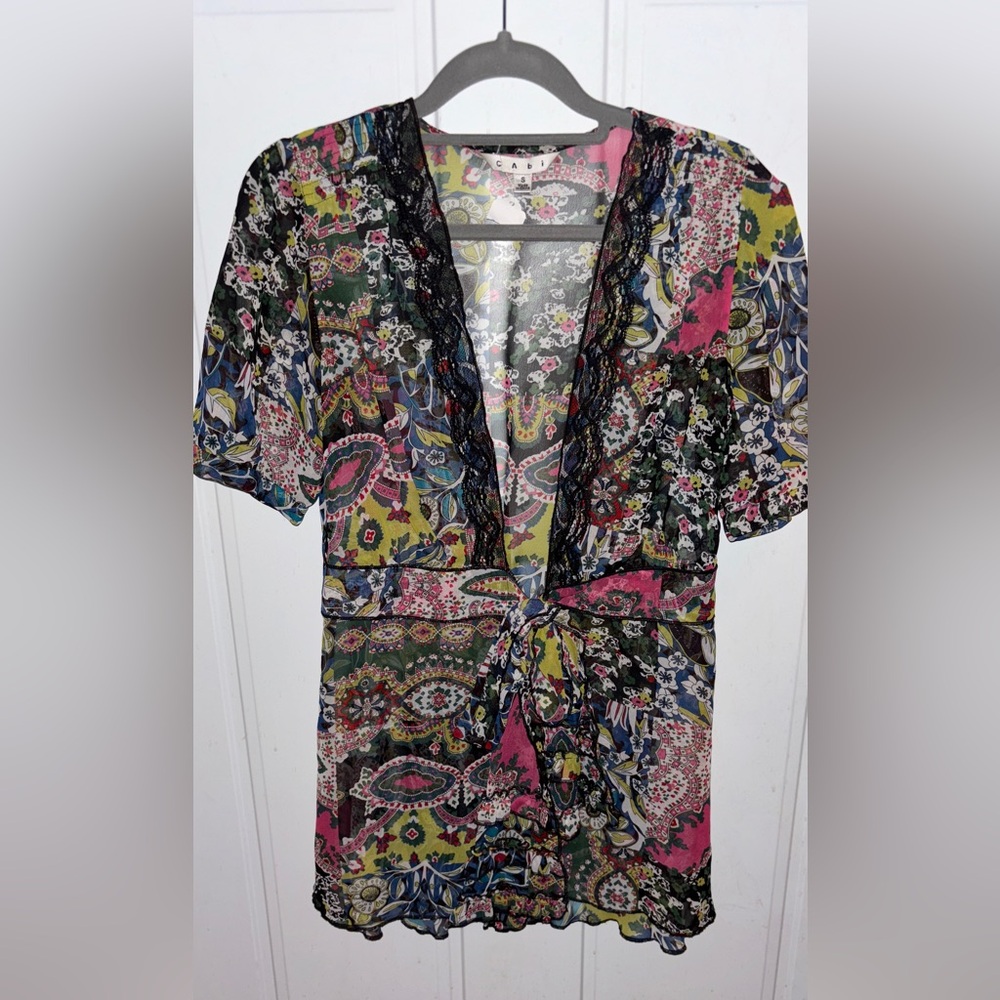 CAbi Colorful Patterned Blouse with Black Lace